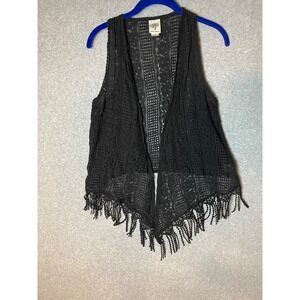 Self Esteem‎ Vest Womens Small Fringe Assymetrical Hem Knit Crochet Open Western